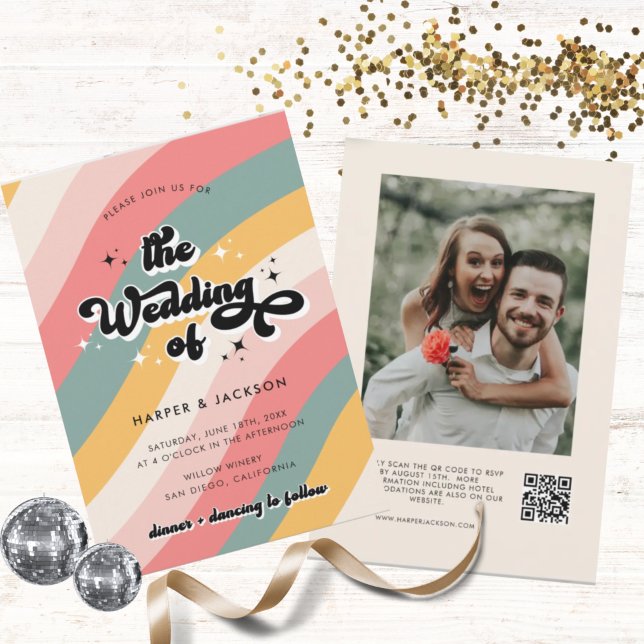 Colourful Retro 70s QR Code Wedding Invitation (Creator Uploaded)