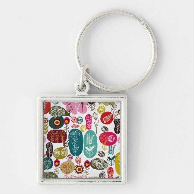 Colourful Retro Abstract Circular & Stars Pattern Key Ring (Front)