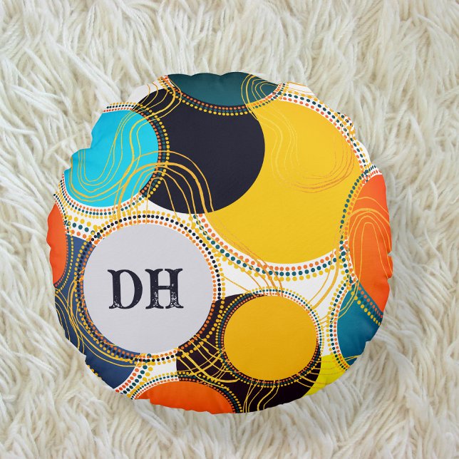 Colourful Retro Abstract Dots Personalise Monogram Round Cushion (Creator Uploaded)