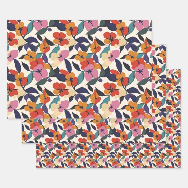 Colourful Retro Abstract Floral Patterned Wrapping Paper Sheet (Set)
