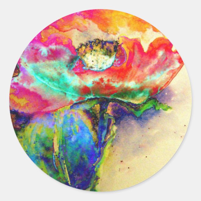 Colourful retro Abstract Poppy watercolor  Classic Round Sticker (Front)