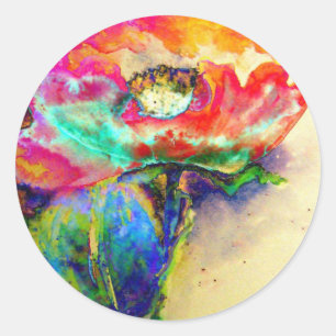 Colourful retro Abstract Poppy watercolor  Classic Round Sticker