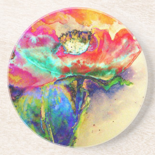 Colourful retro Abstract Poppy watercolor  Coaster (Front)