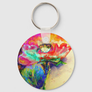 Colourful retro Abstract Poppy watercolor  Key Ring
