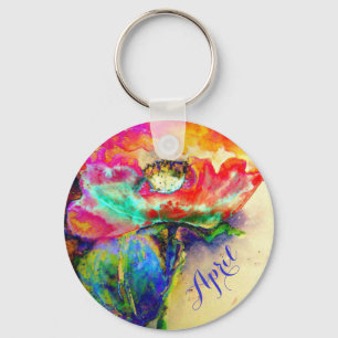 Colourful retro Abstract Poppy watercolor  Key Ring