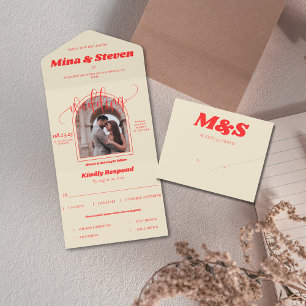Colourful Retro arch photo wedding All In One Invitation