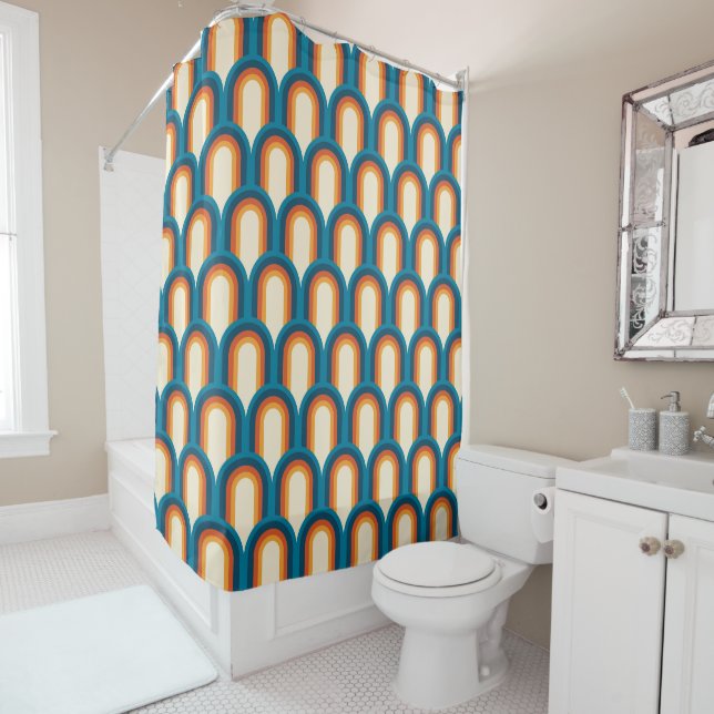 Colourful Retro Arch Rainbow Pattern Shower Curtain (In Situ)