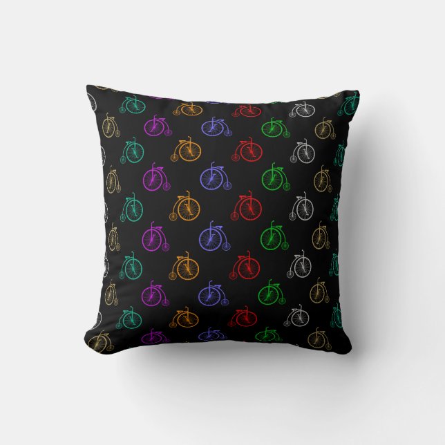Colourful Retro Bicycle - Pattern on Black  Cushion (Front)
