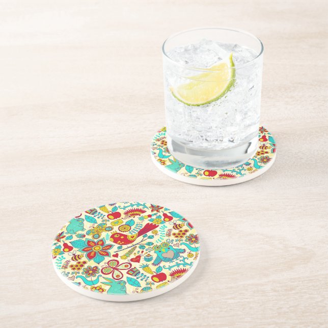 Colourful Retro Birds Flowers & Bunny Rabbits Coaster (Side)