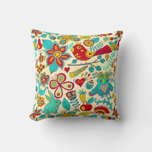 Colourful Retro Birds Flowers & Bunny Rabbits Cushion (Front)