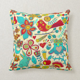 Colourful Retro Birds Flowers & Bunny Rabbits Cushion