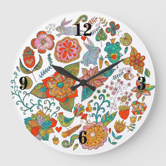 Colourful Retro Birds Flowers & Bunny Rabbits Large Clock (Front)