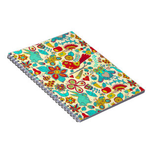 Colourful Retro Birds Flowers & Bunny Rabbits Notebook