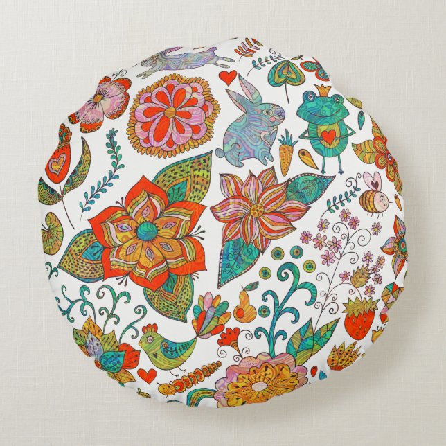 Colourful Retro Birds Flowers & Bunny Rabbits Round Cushion (Back)