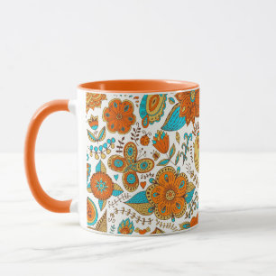 Colourful Retro Birds Flowers & Butterflies Patter Mug