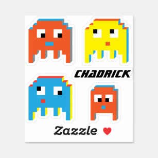 Colourful retro block style gaming aliens and name