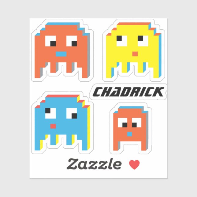 Colourful retro block style gaming aliens and name (Sheet)