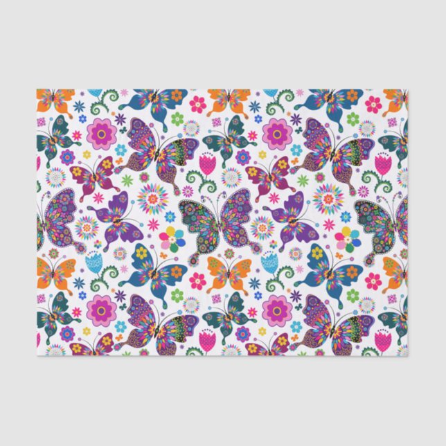 Colourful Retro Butterflies And Flowers Pattern 2 Tissue Paper (Front)