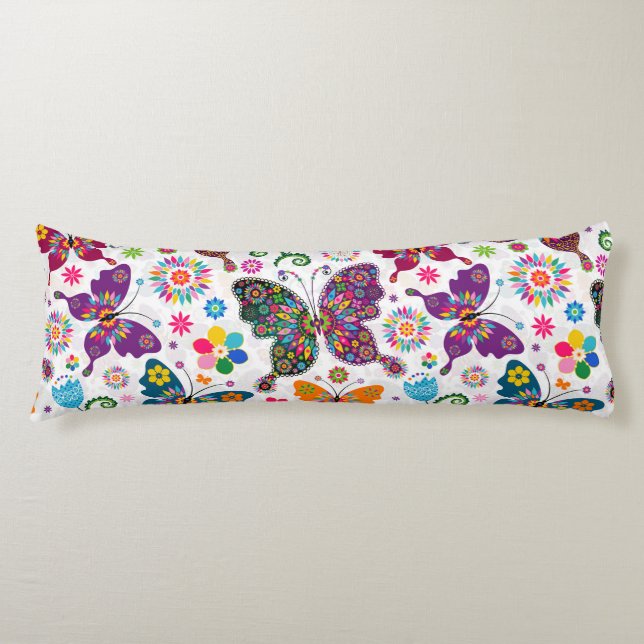 Colourful Retro Butterflies And Flowers Pattern Body Cushion (Front)