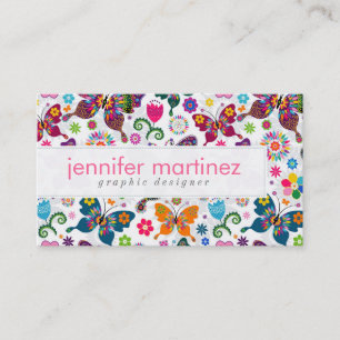 Colourful Retro Butterflies And Flowers Pattern Business Card