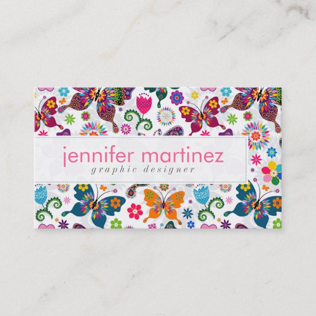 Colourful Retro Butterflies And Flowers Pattern Business Card (Front)