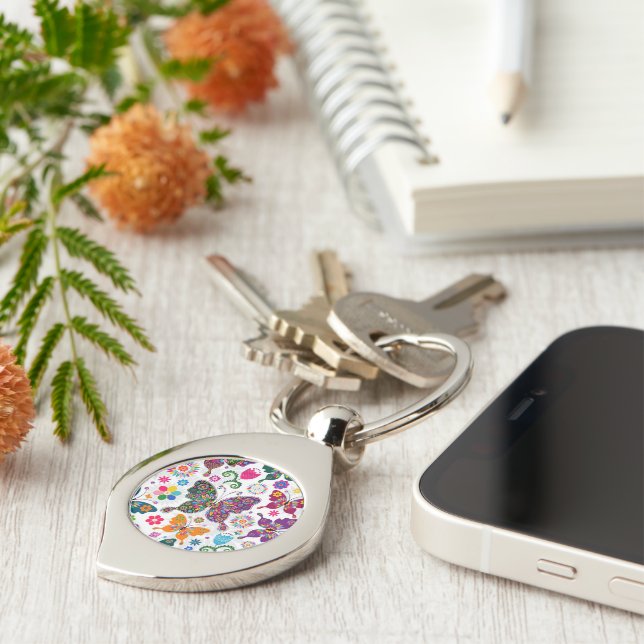 Colourful Retro Butterflies And Flowers Pattern Key Ring (Side)
