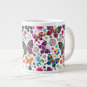 Colourful Retro Butterflies And Flowers Pattern Large Coffee Mug