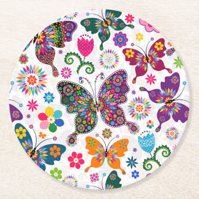 Colourful Retro Butterflies And Flowers Pattern Round Paper Coaster (Front)