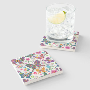 Colourful Retro Butterflies And Flowers Pattern Stone Coaster