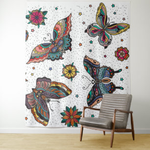 Colourful retro butterflies and flowers tapestry