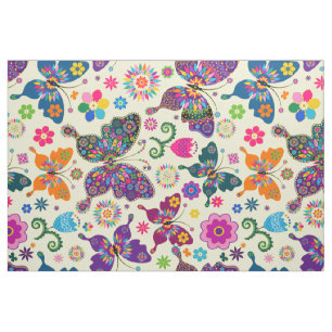 Colourful Retro Butterflies & Flowers Pattern Fabric