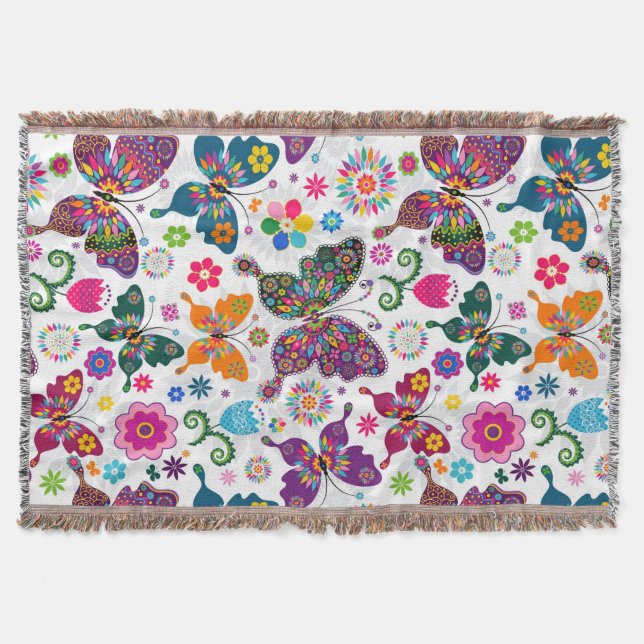 Colourful Retro Butterflies & Flowers Pattern Throw Blanket (Front)