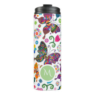 Colourful Retro Butterflies & Flowers Thermal Tumbler