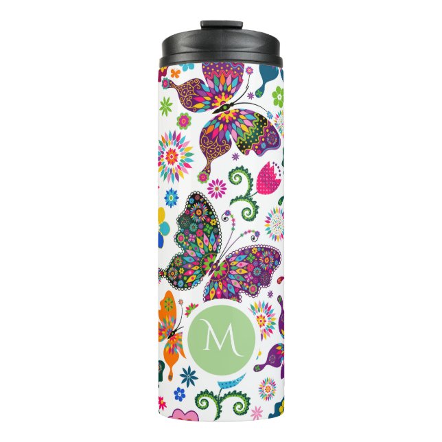 Colourful Retro Butterflies & Flowers Thermal Tumbler (Front)