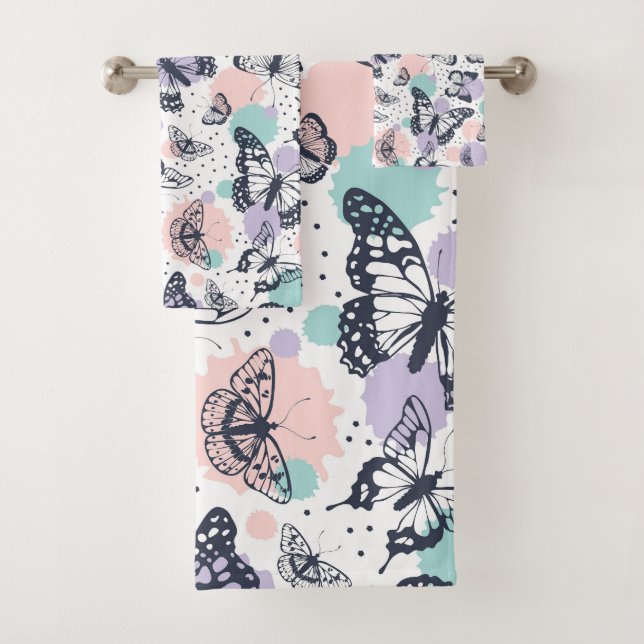 Colourful retro butterflies pattern. bath towel set (Insitu)