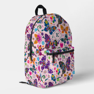 Colourful retro butterflies pattern on pink printed backpack