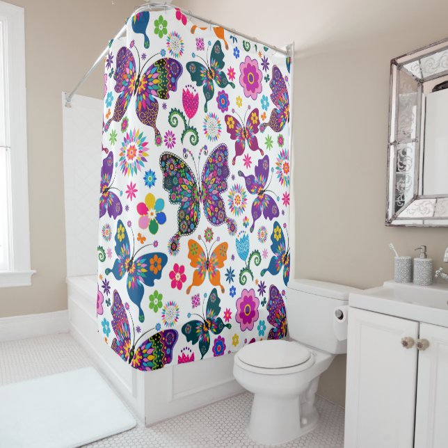 Colourful Retro Butterflies Seamless Pattern Shower Curtain (In Situ)