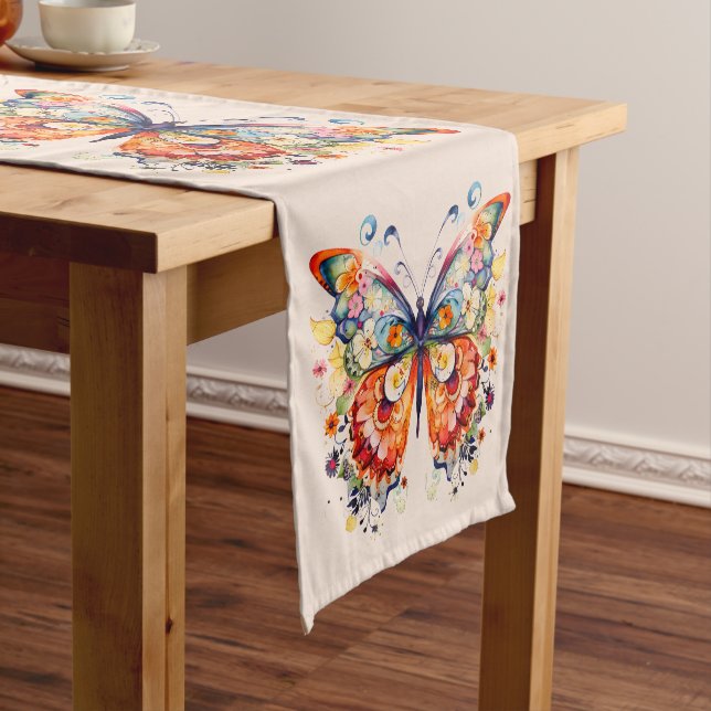 Colourful retro butterfly short table runner (In Situ)