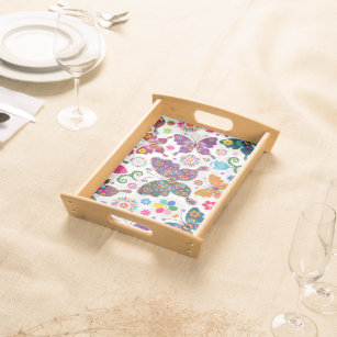 Colourful Retro Butterfly's And Flowers Pattern Serving Tray