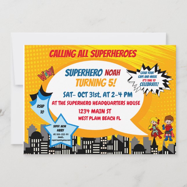 Colourful Retro Cartoon Comic Superhero Halloween  Invitation (Front)