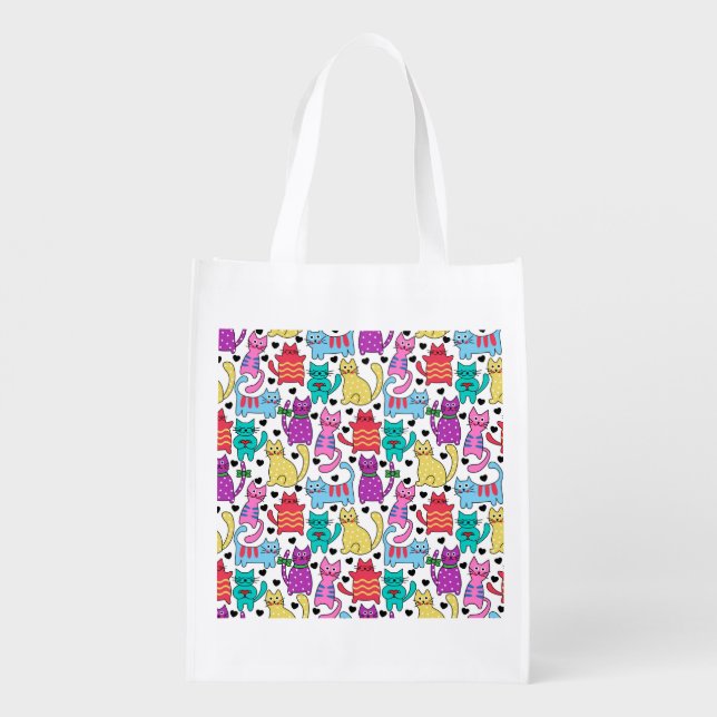 Colourful Retro Cat Feline Pattern Reusable Grocery Bag (Back)