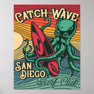 Colourful Retro Catch The Wave Octopus Poster