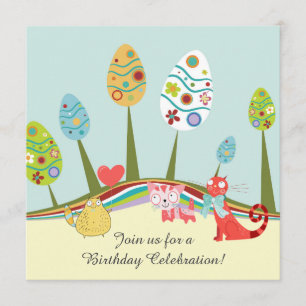 Colourful Retro Cats and Easter Egg Trees Birthday Invitation