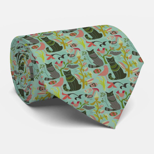 Colourful Retro Cats & Birds Pattern Tie (Rolled)