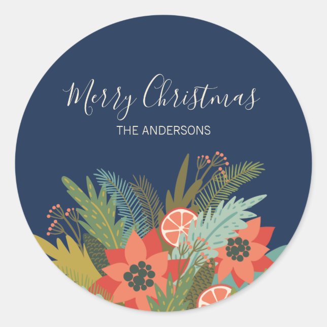 Colourful Retro Christmas Floral Classic Round Sticker (Front)