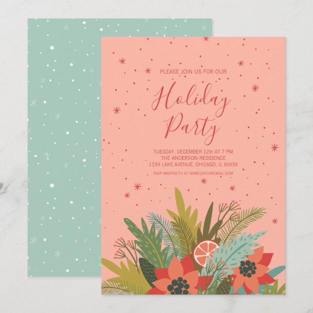 Colourful Retro Christmas Floral Holiday Party Invitation (Front/Back)