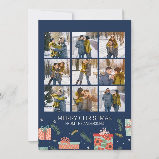 Colourful Retro Christmas Gift Box 9 Photo Holiday Card (Front)