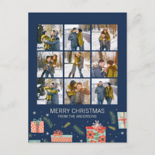 Colourful Retro Christmas Gift Box 9 Photo Holiday Postcard