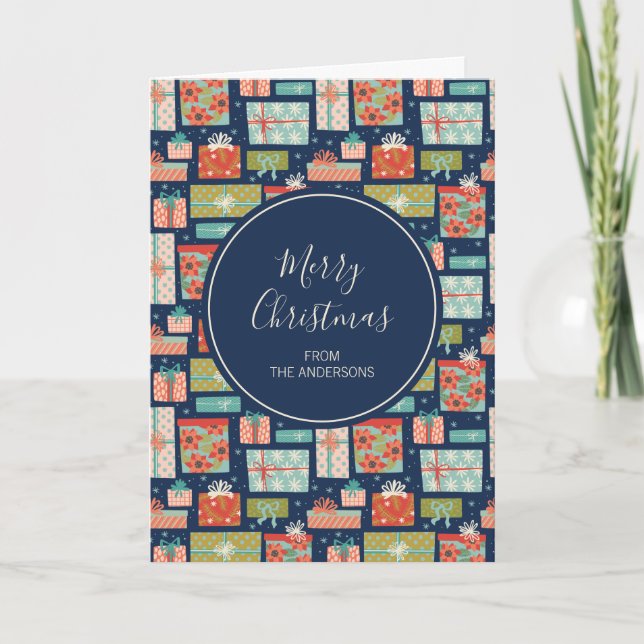 Colourful Retro Christmas Gift Box Greeting Card (Front)