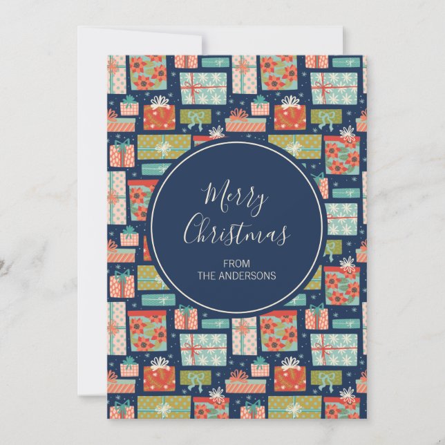 Colourful Retro Christmas Gift Box Holiday Card (Front)